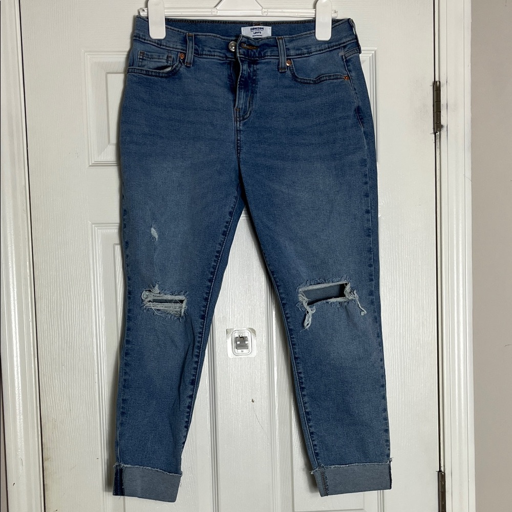 Levi’s Denizen Boyfriend Jeans Distressed Ankle Cuffed Blue Denim Size 2 W26